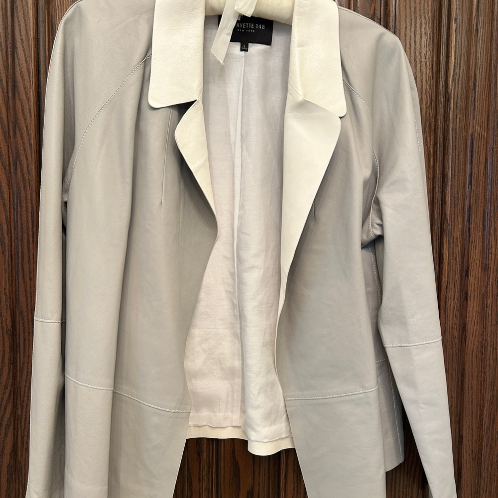 Lafayette 148 New York Light Gray Leather Jacket with Cream Trim